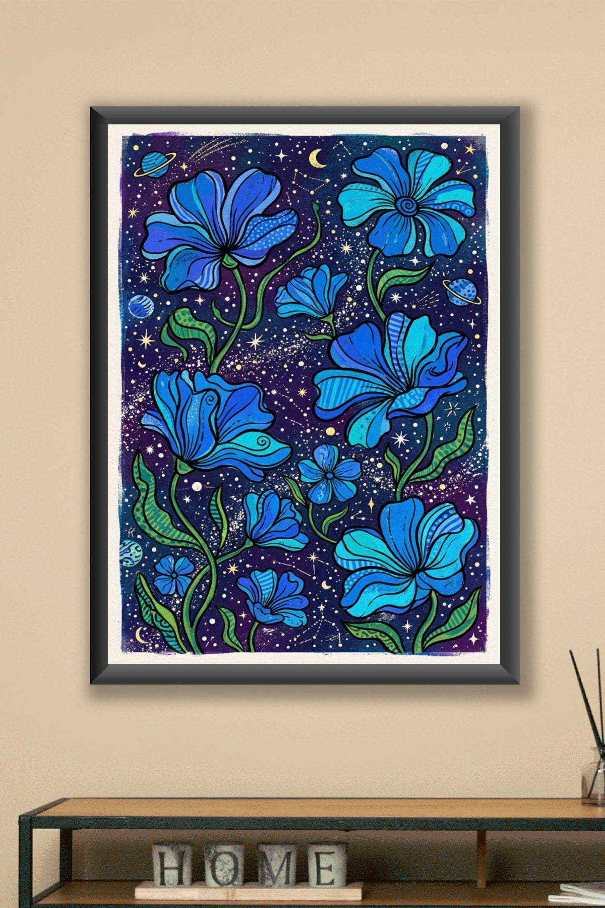 Poster Fleurs cosmiques, affiche ciel étoilé et planètes