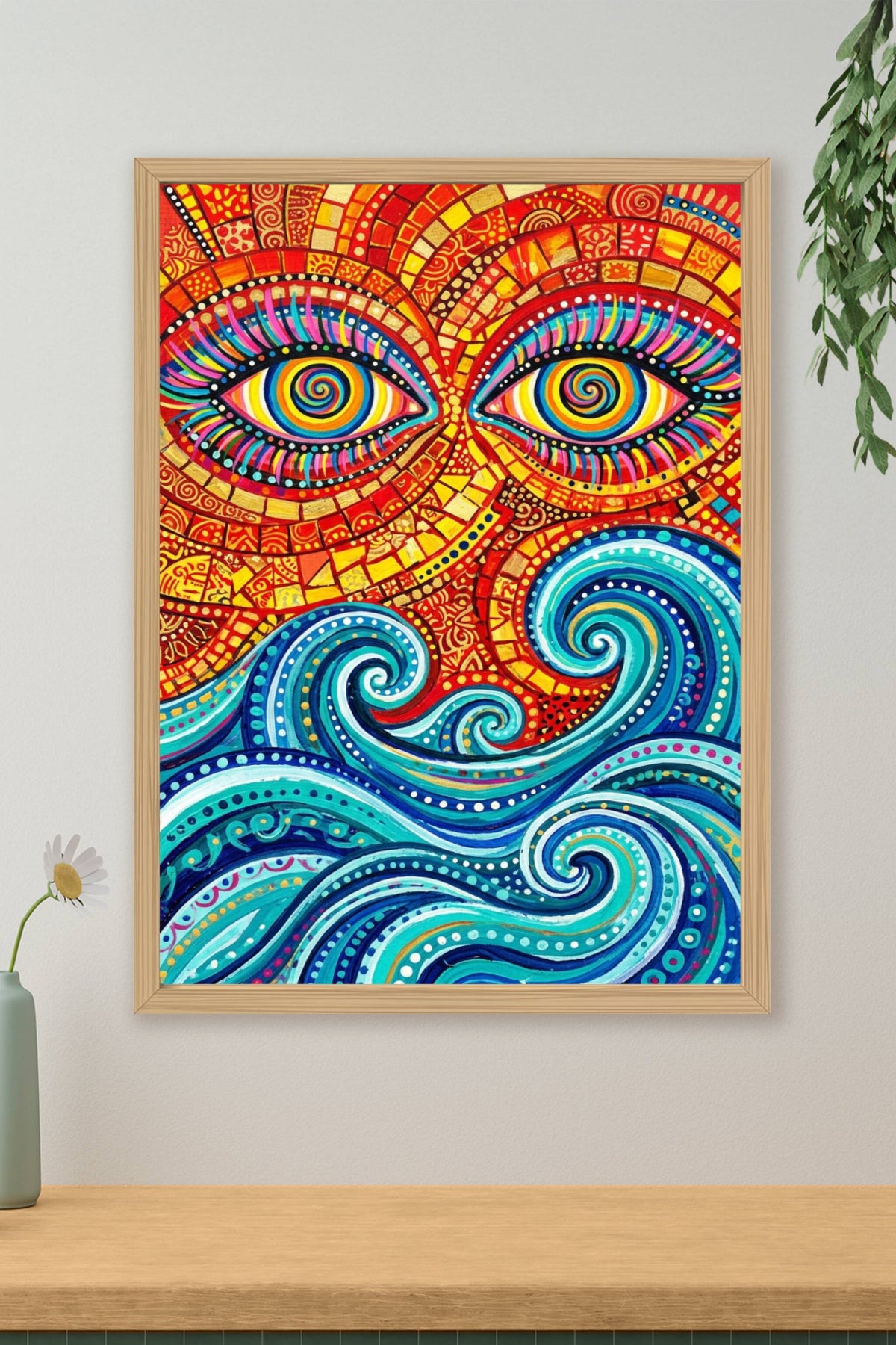 Affiche Soleil mosaïque, poster Yeux hypnotiques coloré