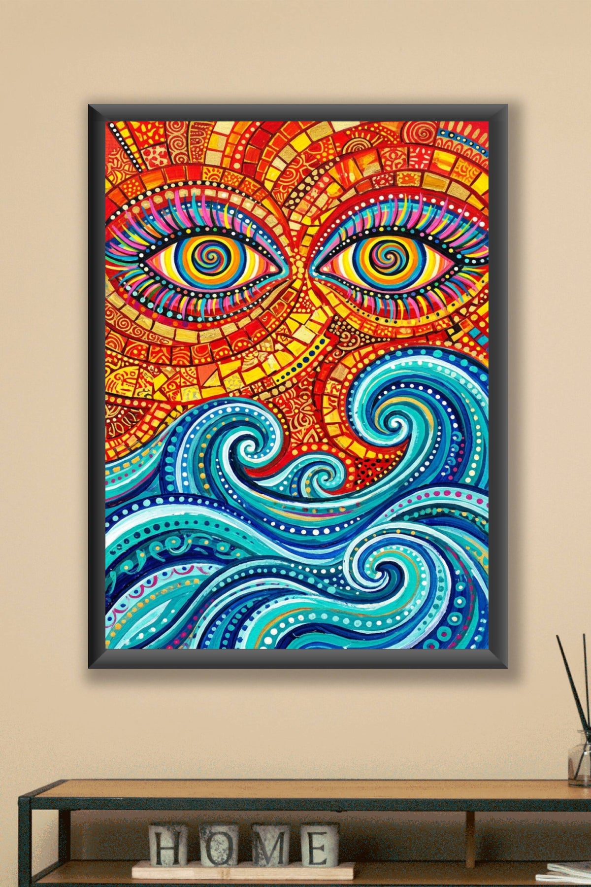 Affiche Soleil mosaïque, poster Yeux hypnotiques coloré