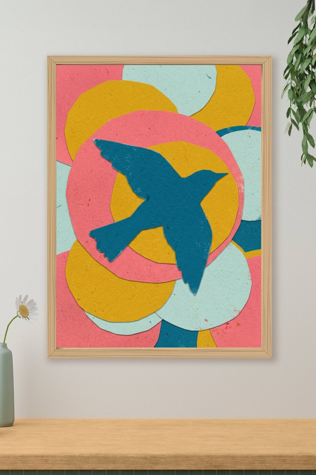 Affiche oiseau abstrait, poster collage de formes colorées