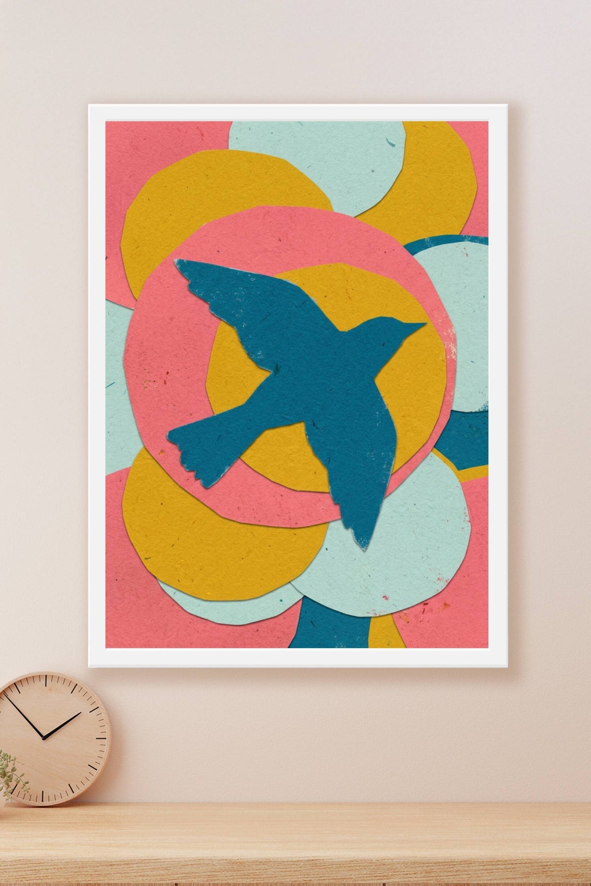 Affiche oiseau abstrait, poster collage de formes colorées
