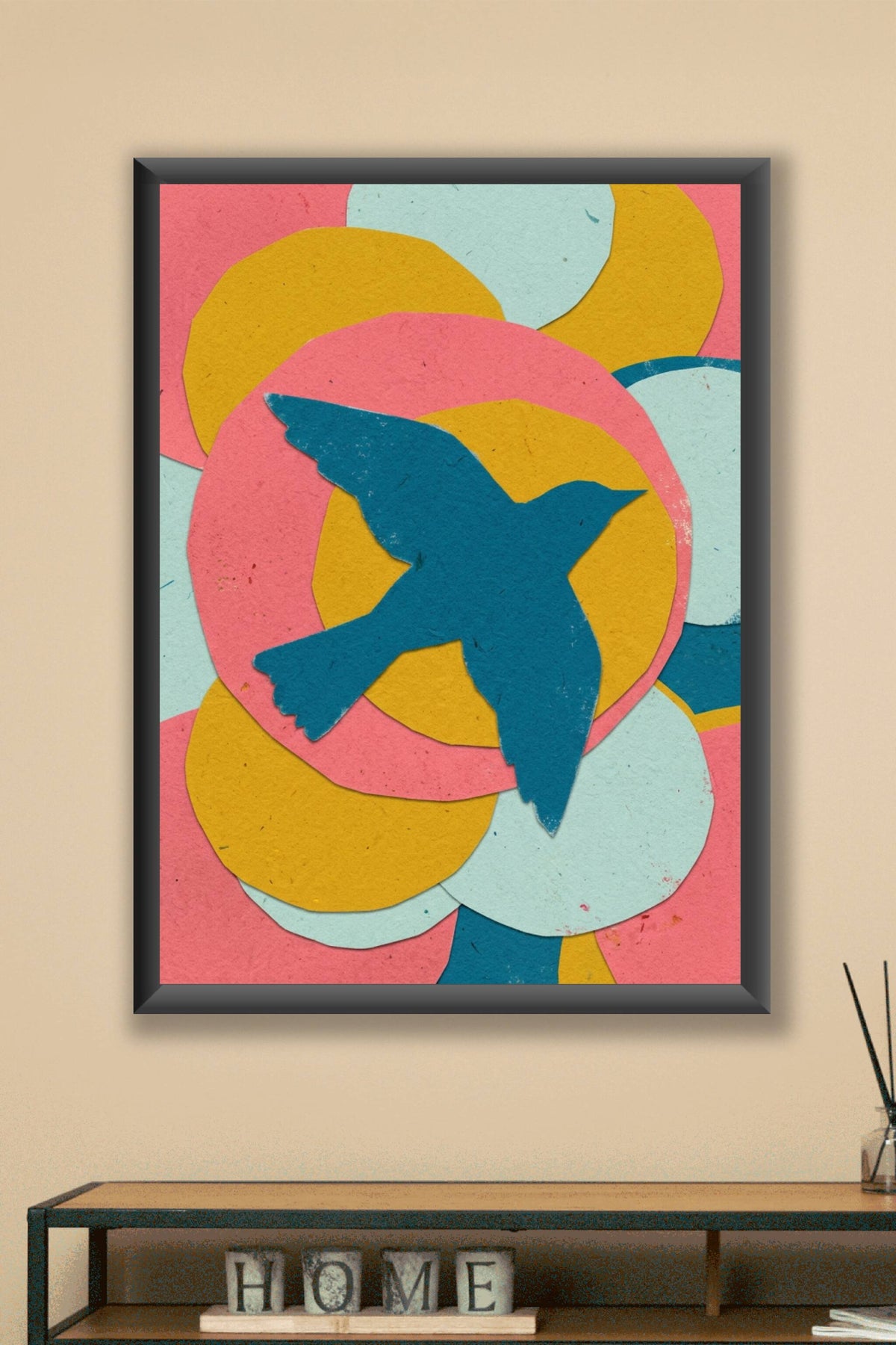 Affiche oiseau abstrait, poster collage de formes colorées