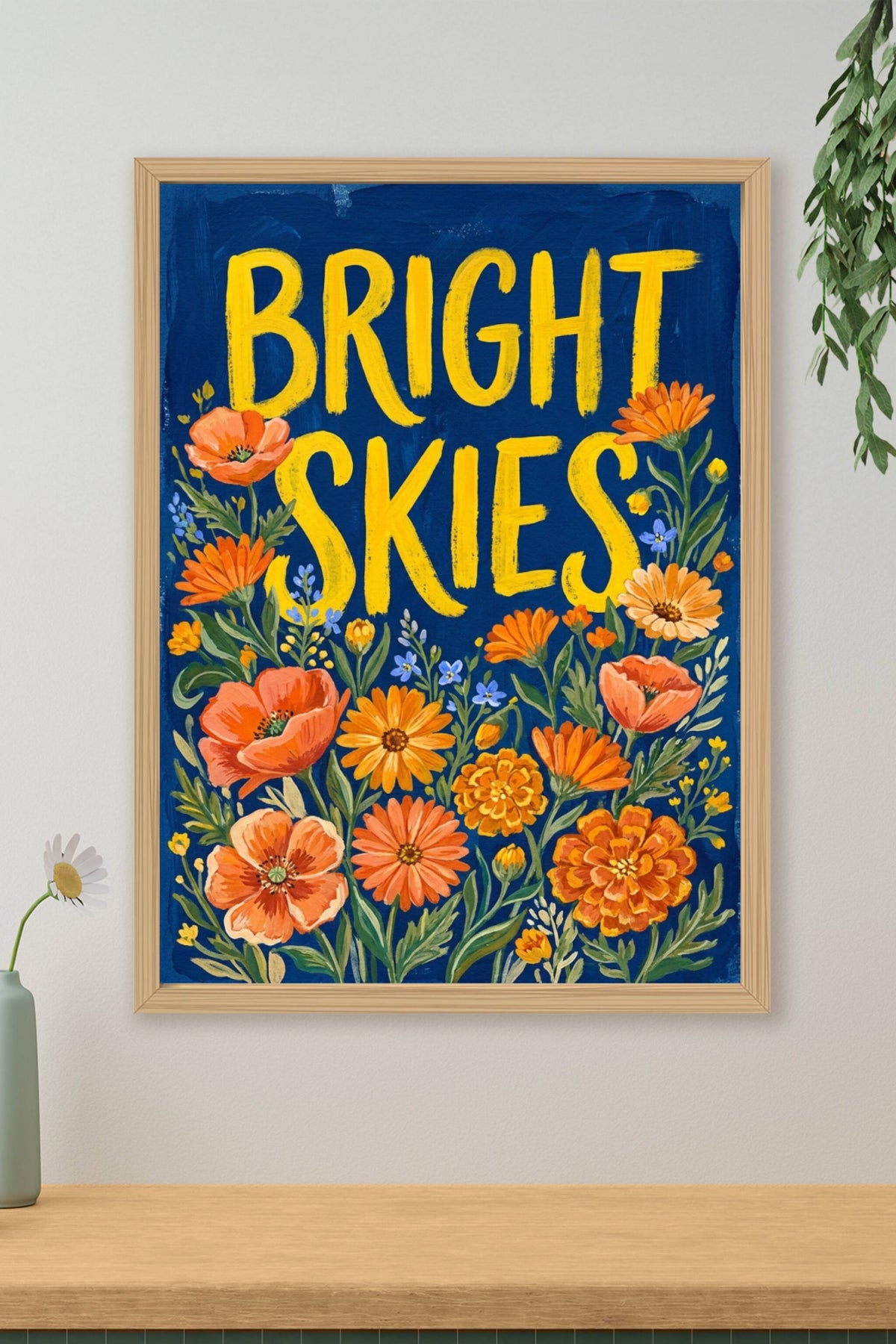 Poster Bright Skies, affiche fleurs orange et bleu