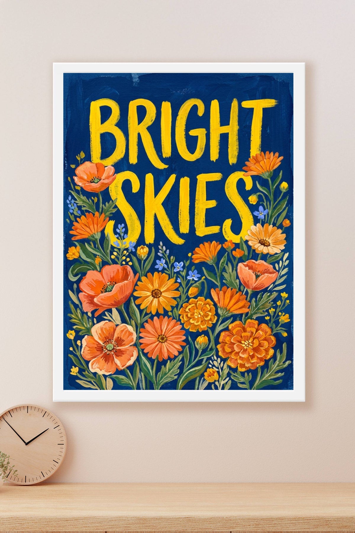 Poster Bright Skies, affiche fleurs orange et bleu