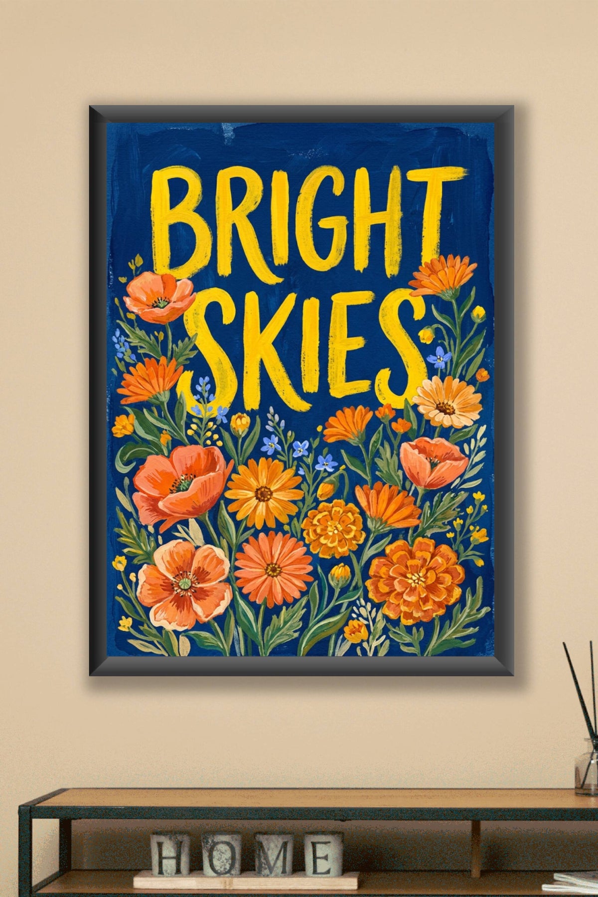 Poster Bright Skies, affiche fleurs orange et bleu