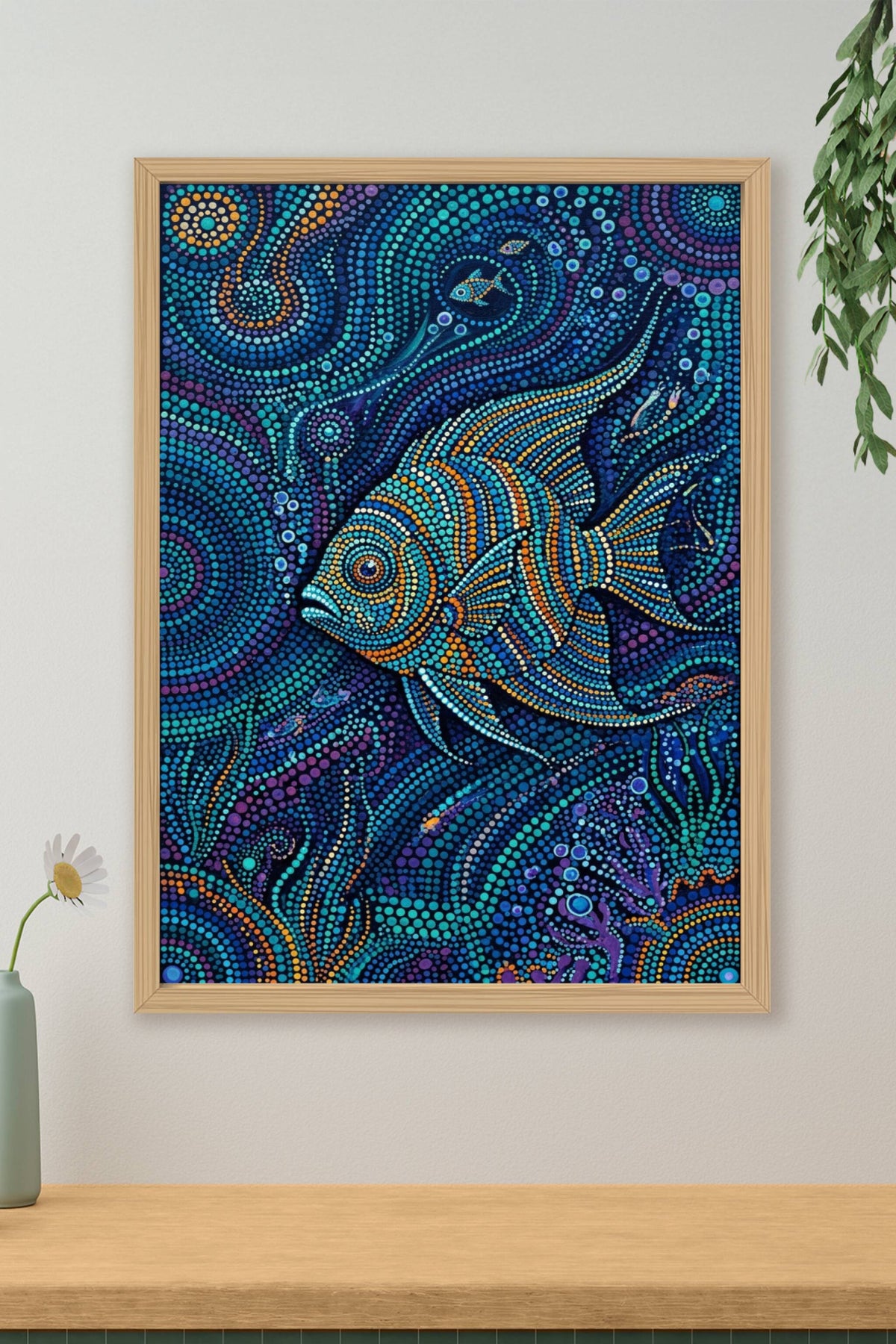 Affiche Poisson aborigène, poster pointillisme bleu