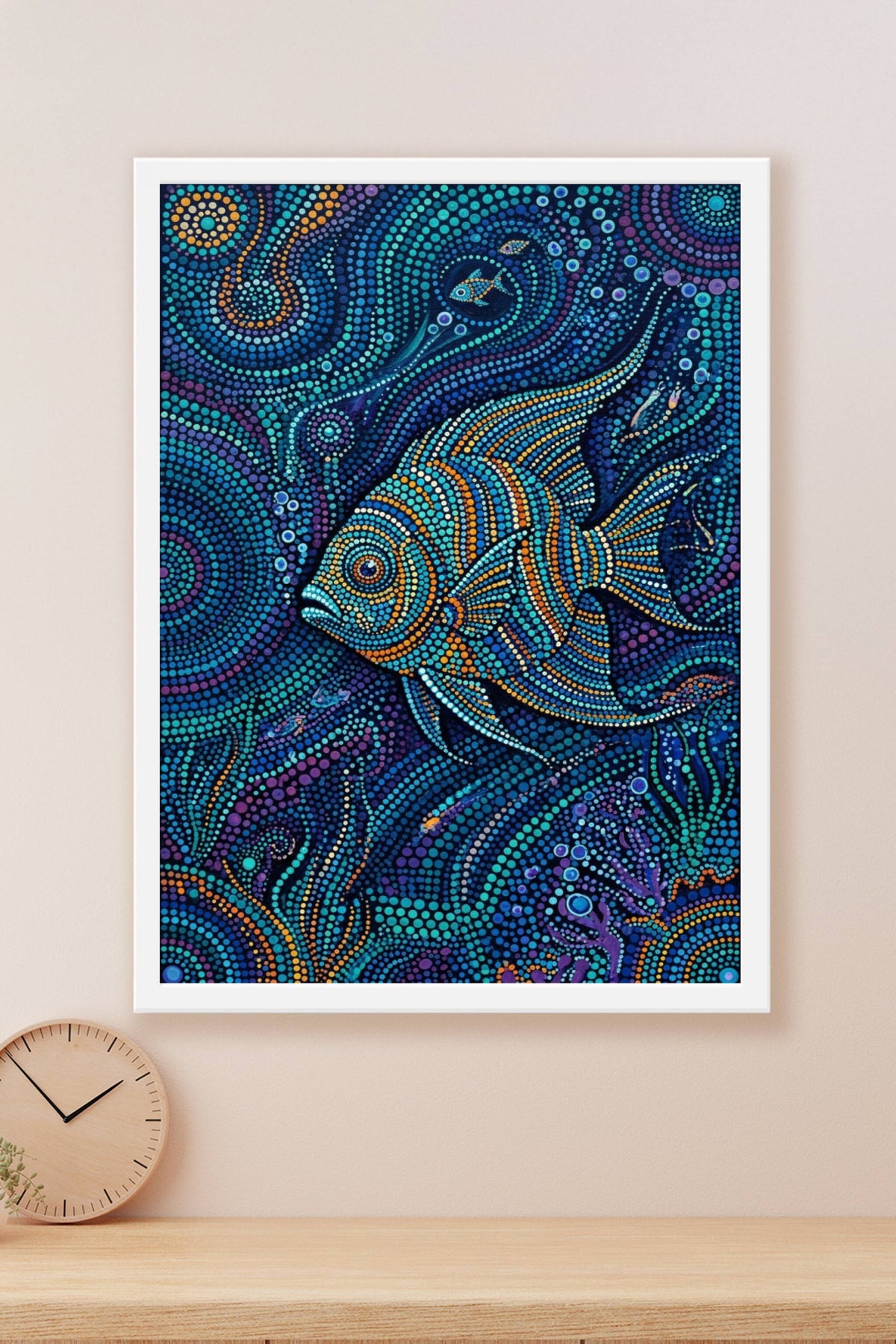 Affiche Poisson aborigène, poster pointillisme bleu
