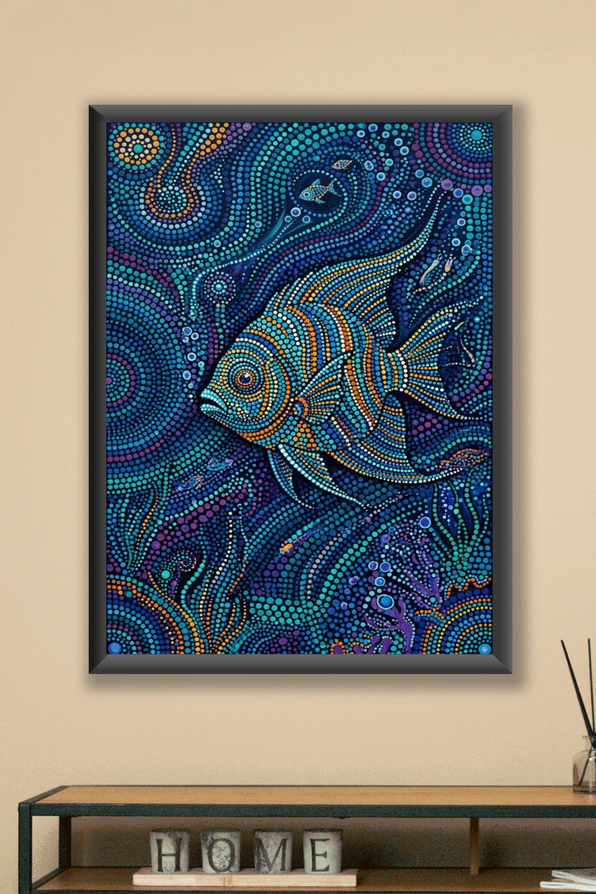 Affiche Poisson aborigène, poster pointillisme bleu