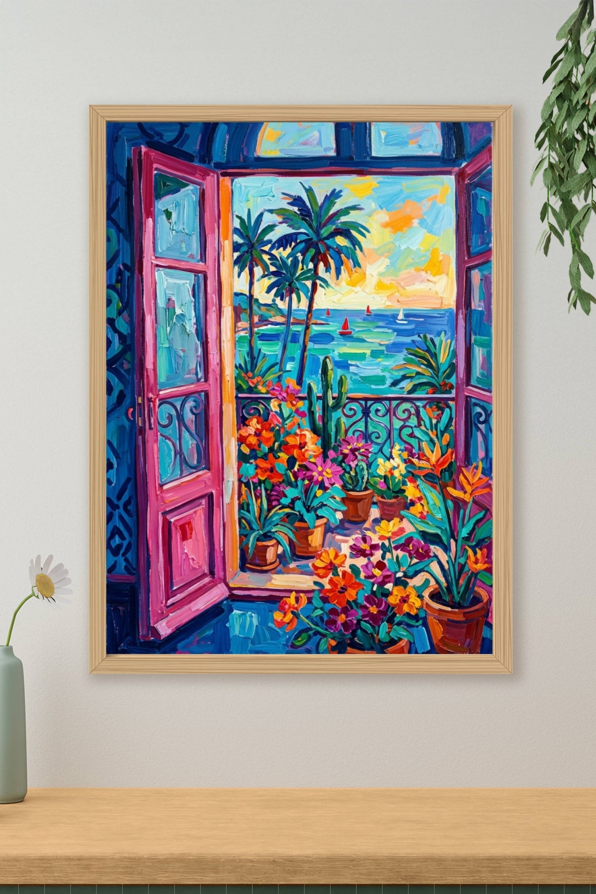 Affiche balcon fleuri bord de mer, fleurs colorées