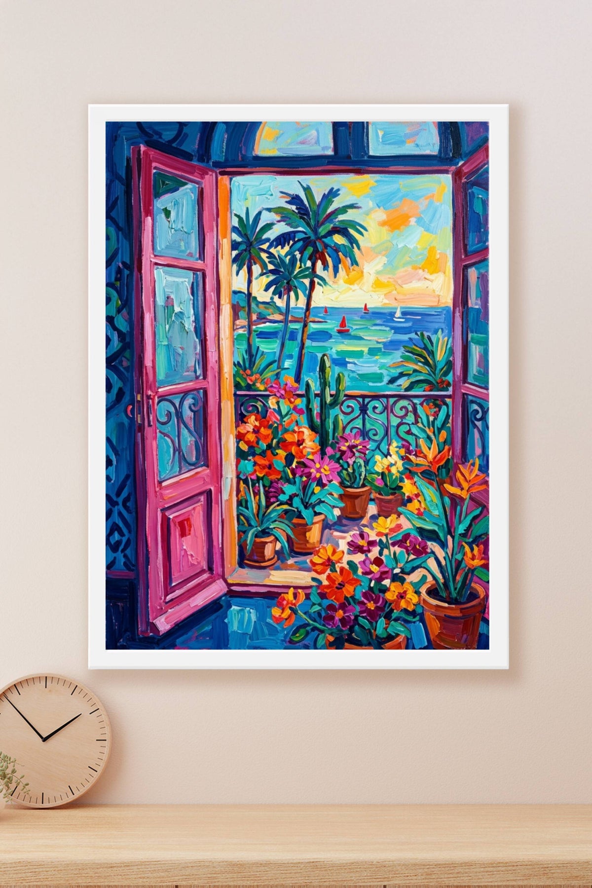 Affiche balcon fleuri bord de mer, fleurs colorées