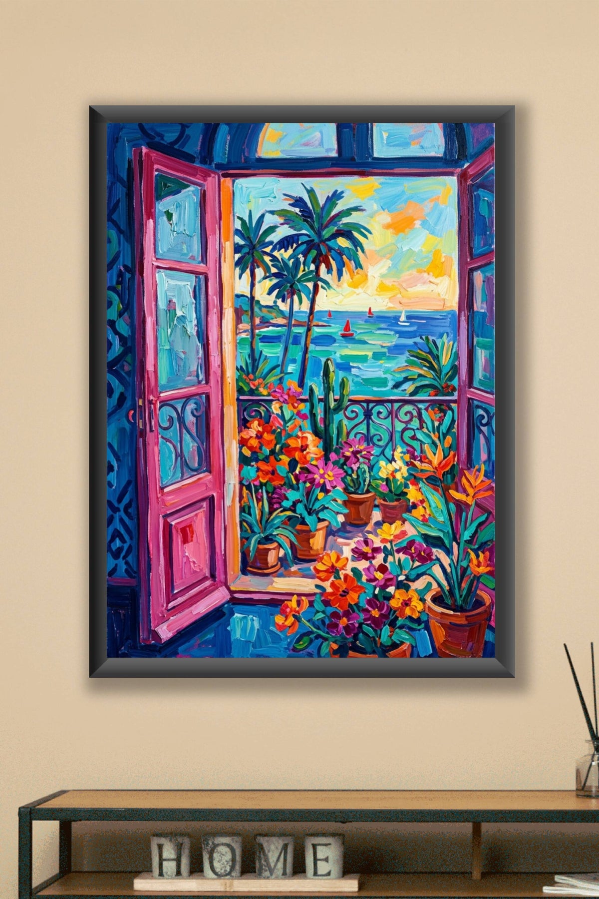 Affiche balcon fleuri bord de mer, fleurs colorées