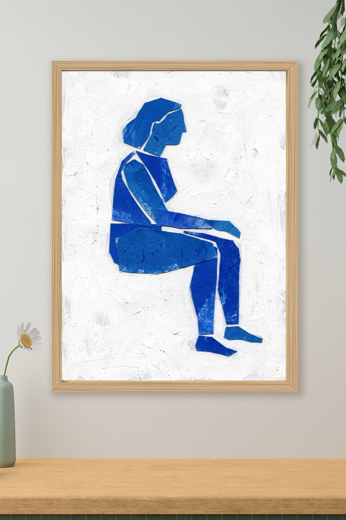 Poster Femme assise bleue, collage de papier découpé