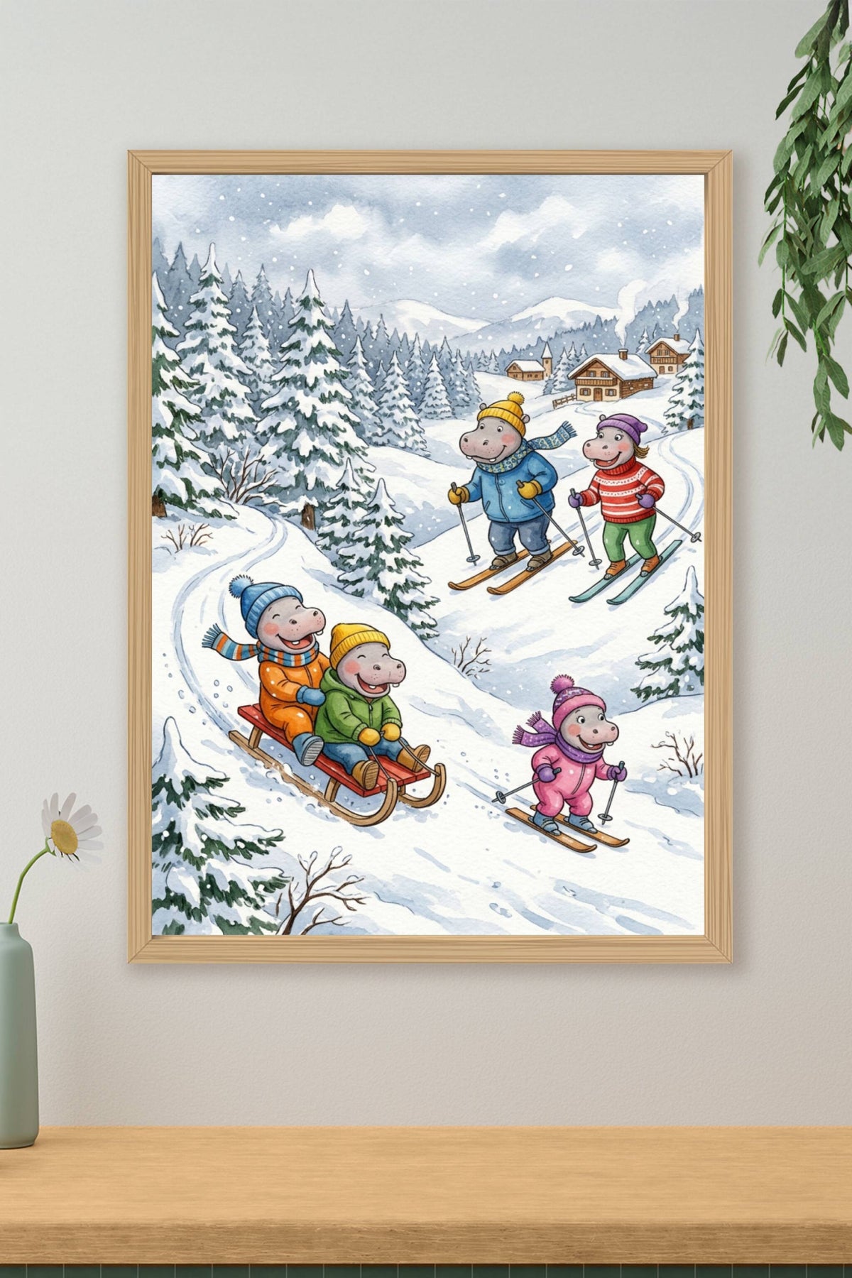 Affiche Hippopotames au ski, poster style illustration