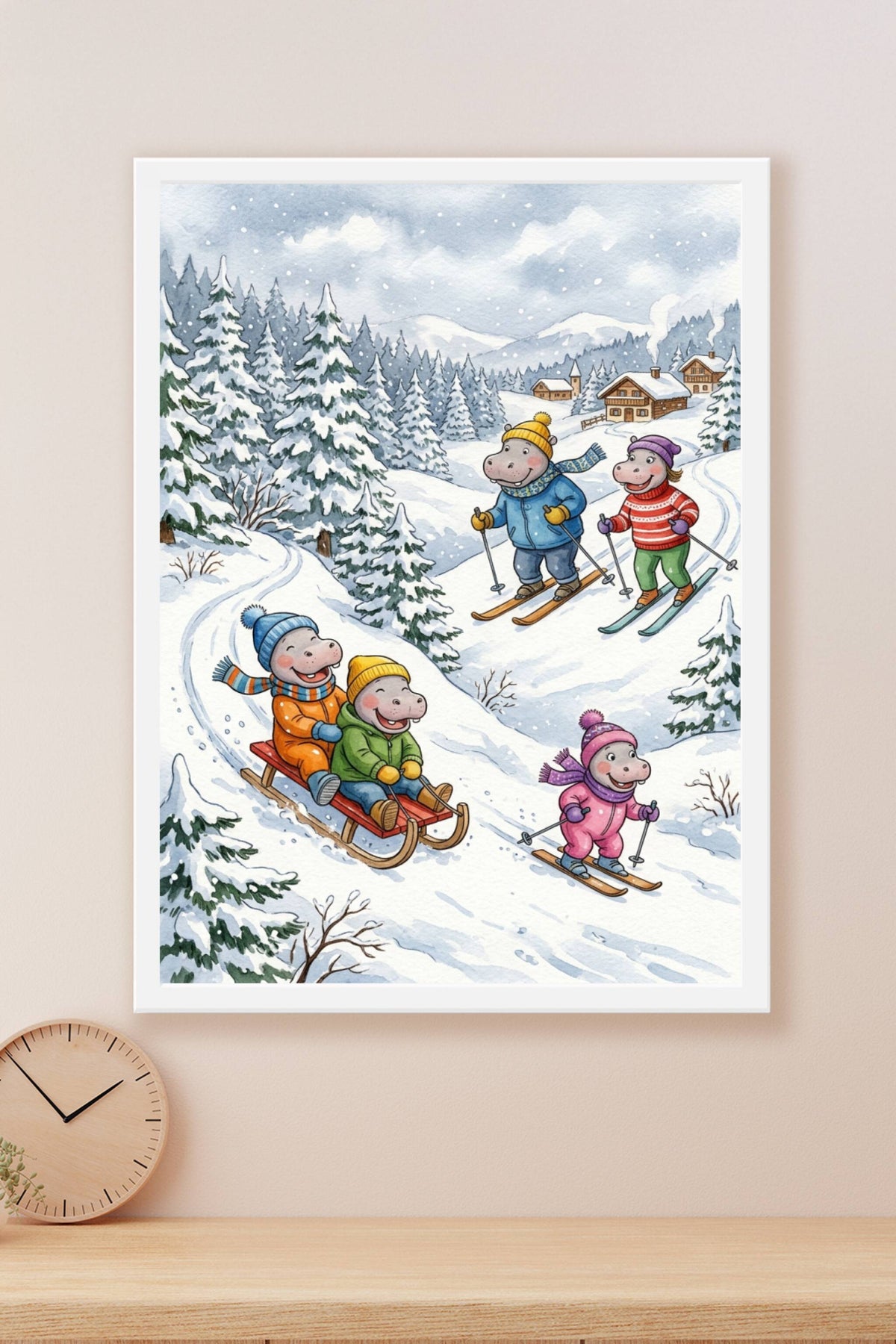 Affiche Hippopotames au ski, poster style illustration