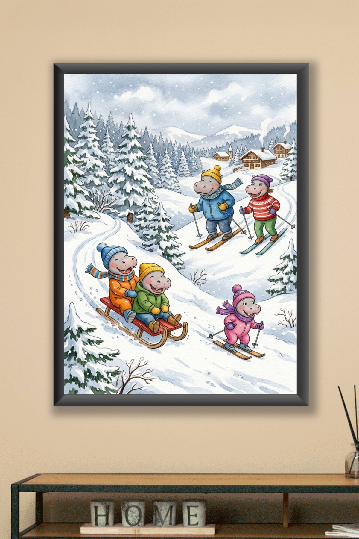 Affiche Hippopotames au ski, poster style illustration