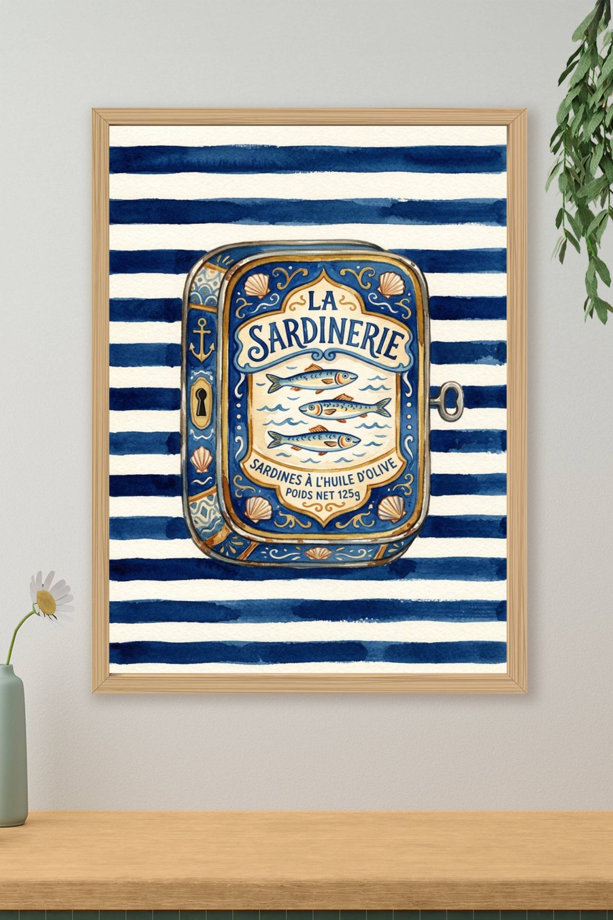 Affiche La Sardinerie, poster marin à rayures bleues