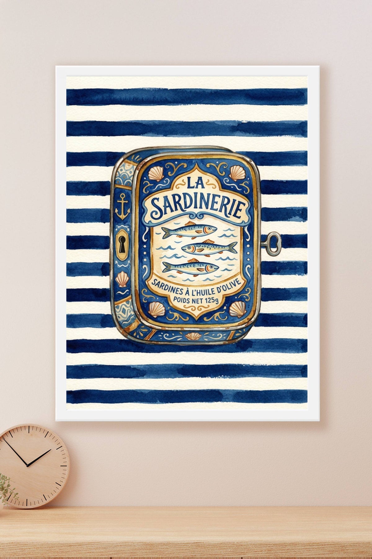 Affiche La Sardinerie, poster marin à rayures bleues