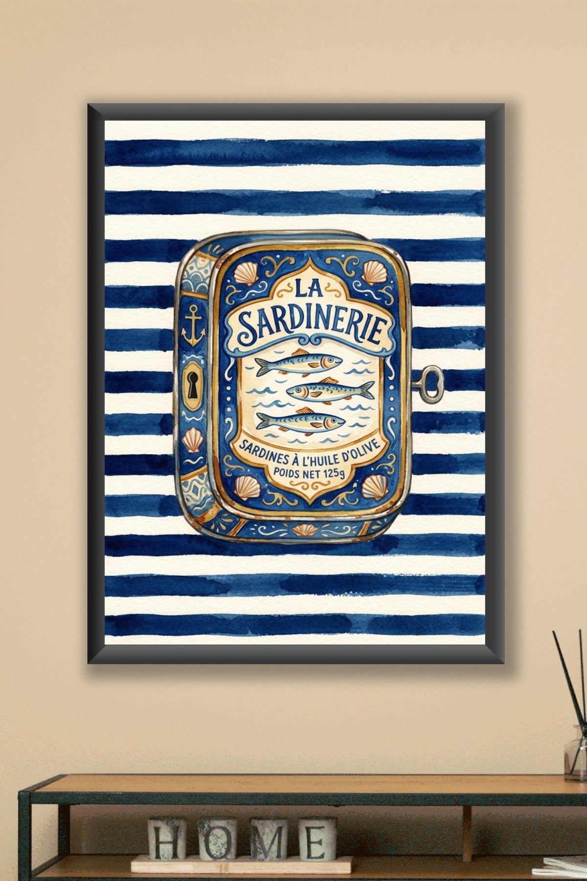 Affiche La Sardinerie, poster marin à rayures bleues