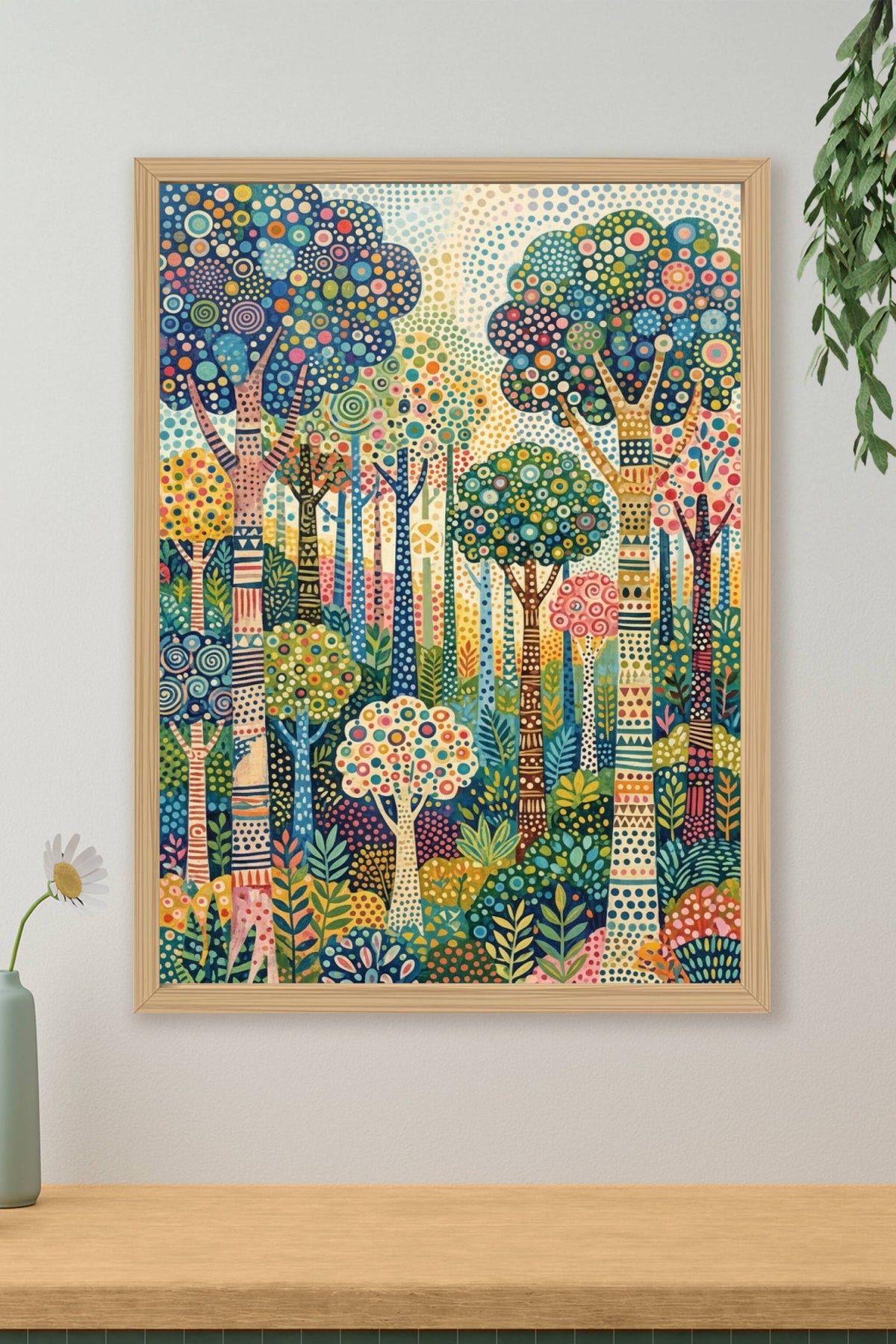 Affiche forêt colorée, poster motifs géométriques