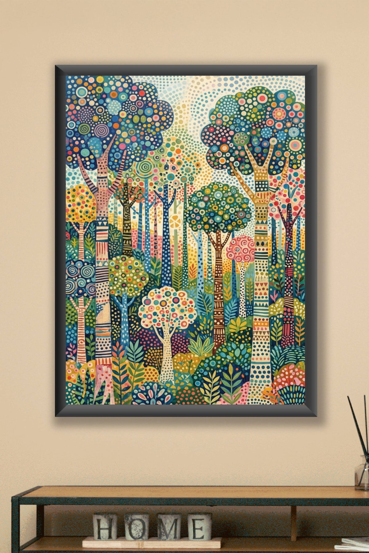 Affiche forêt colorée, poster motifs géométriques