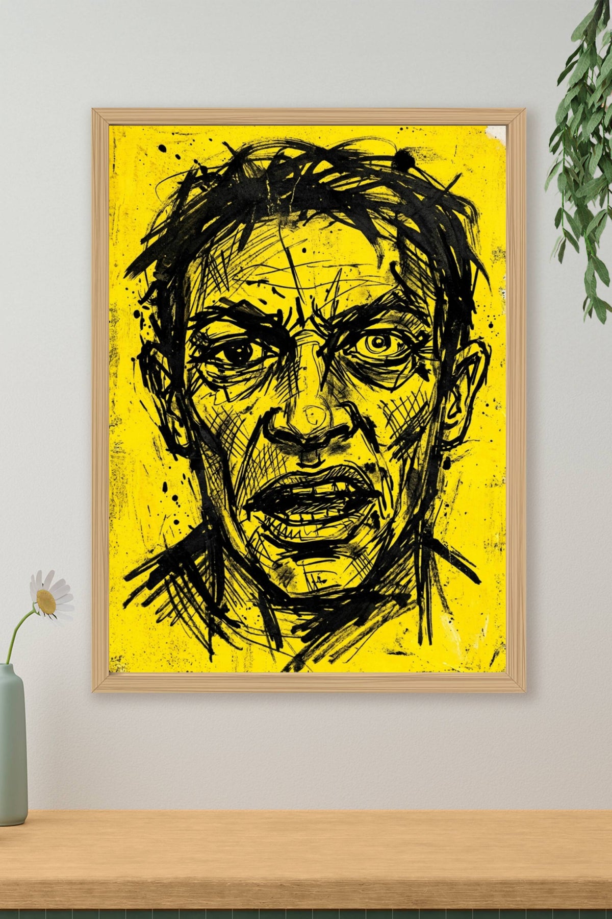 Poster Portrait expressionniste jaune, trait noir brut