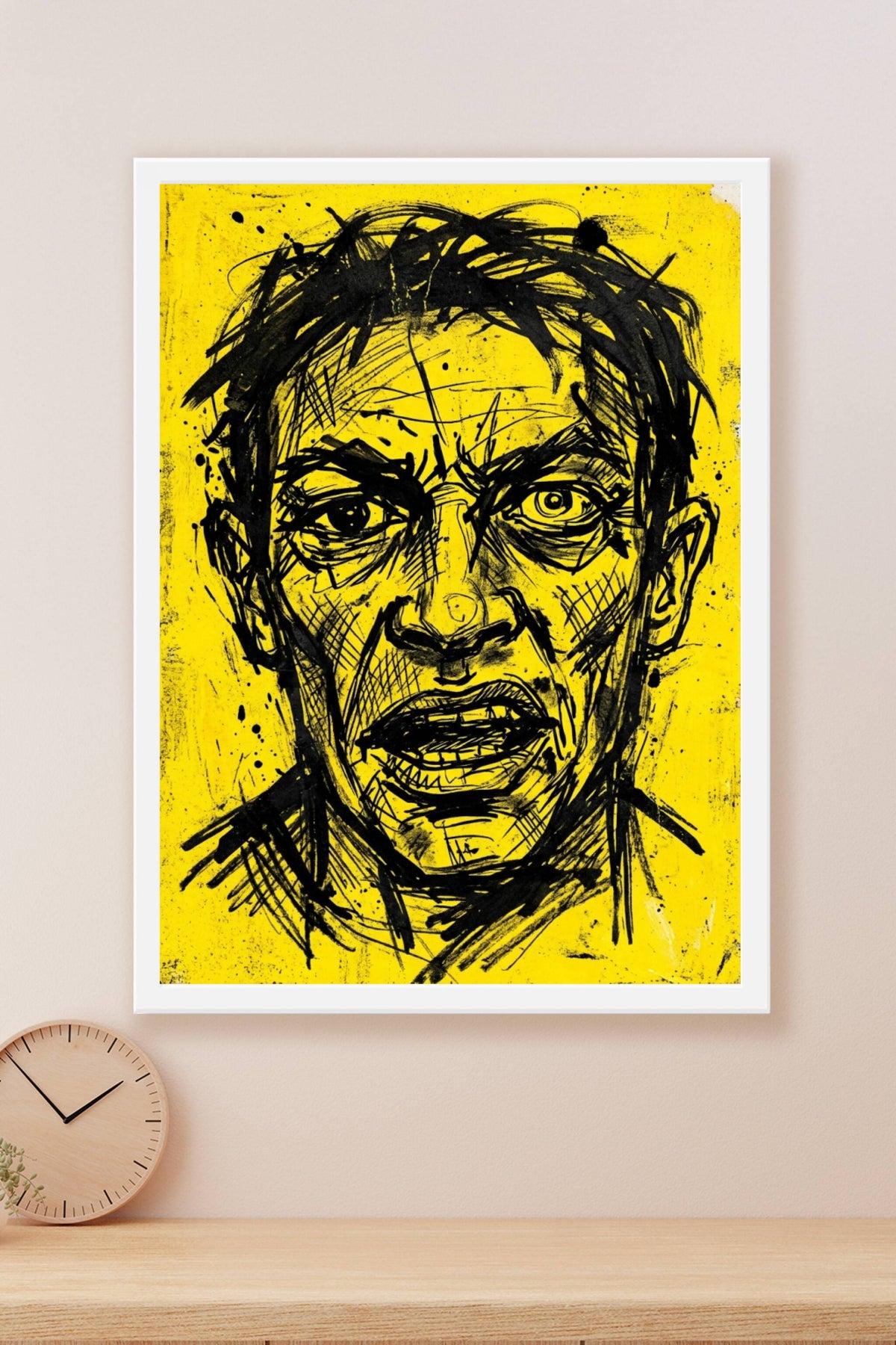 Poster Portrait expressionniste jaune, trait noir brut