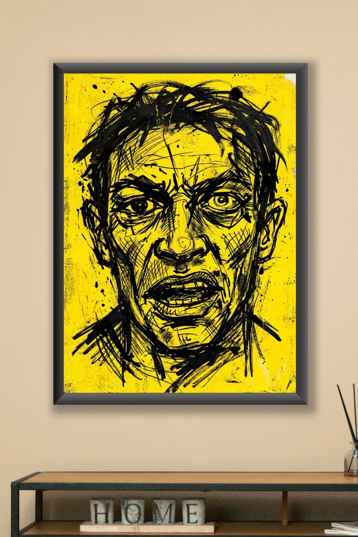 Poster Portrait expressionniste jaune, trait noir brut