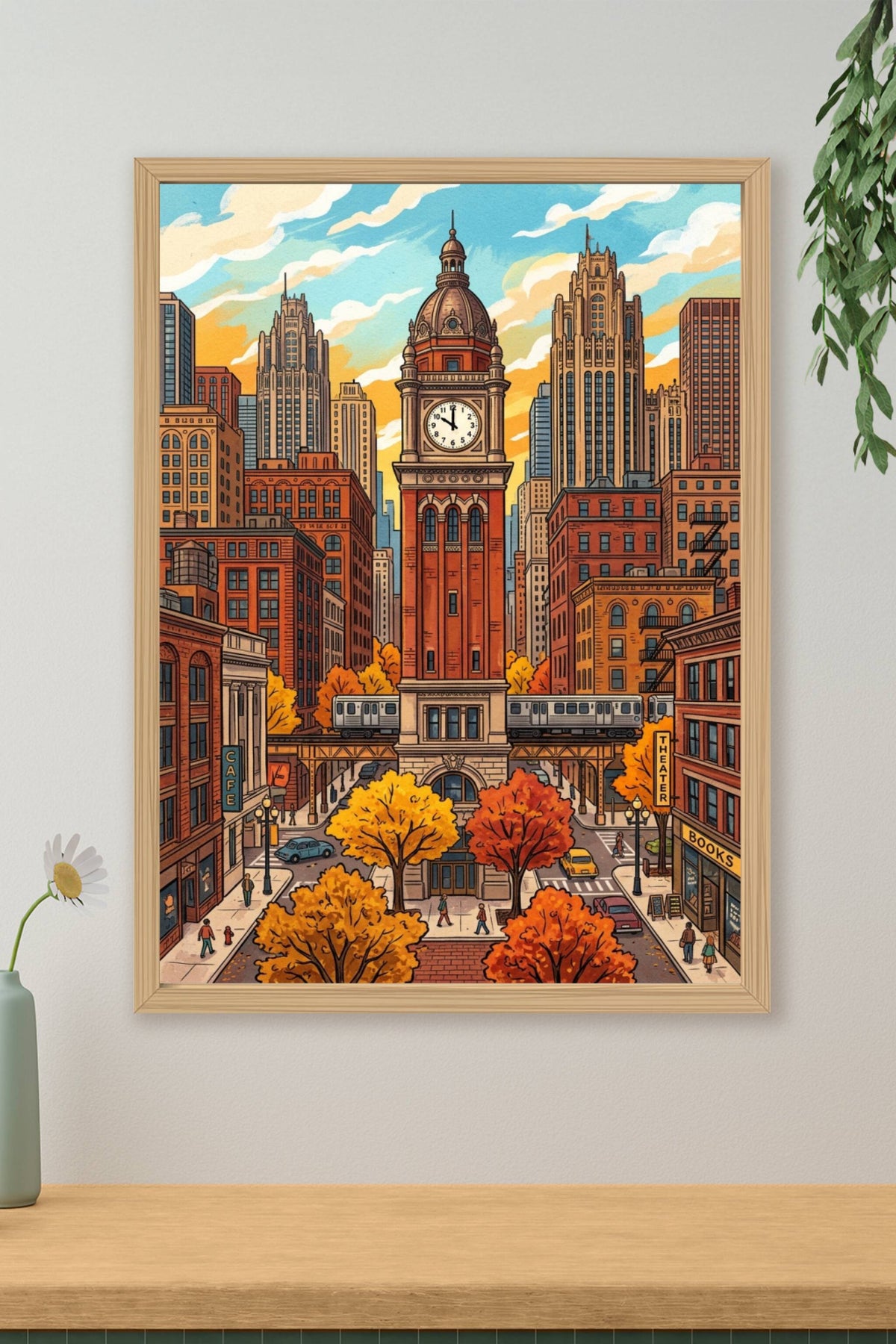 Poster Chicago en automne, affiche tour de l'horloge