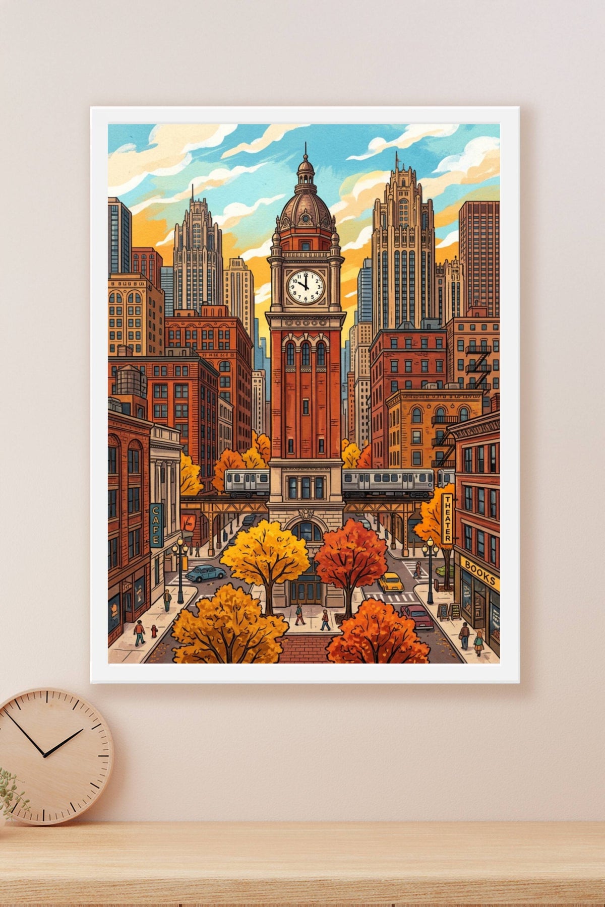 Poster Chicago en automne, affiche tour de l'horloge