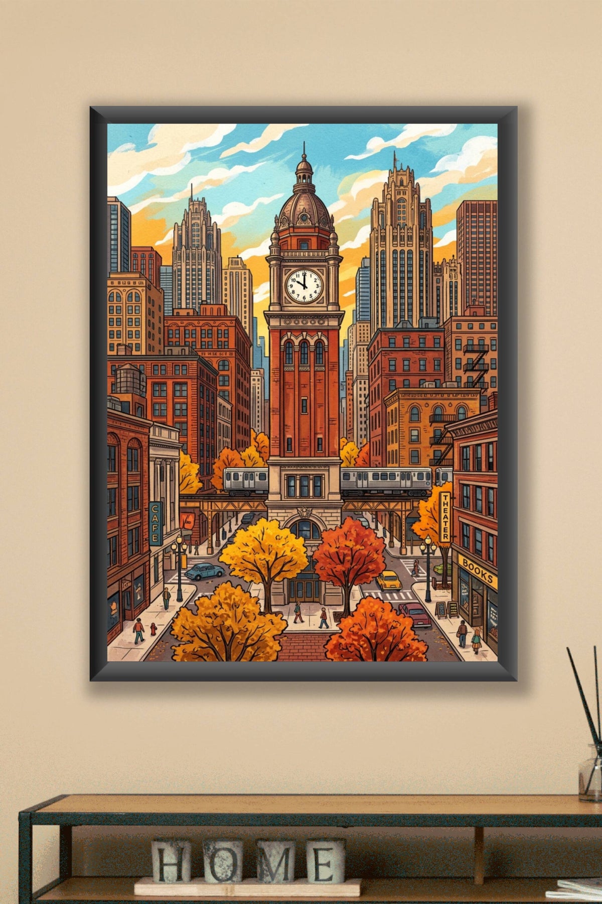 Poster Chicago en automne, affiche tour de l'horloge