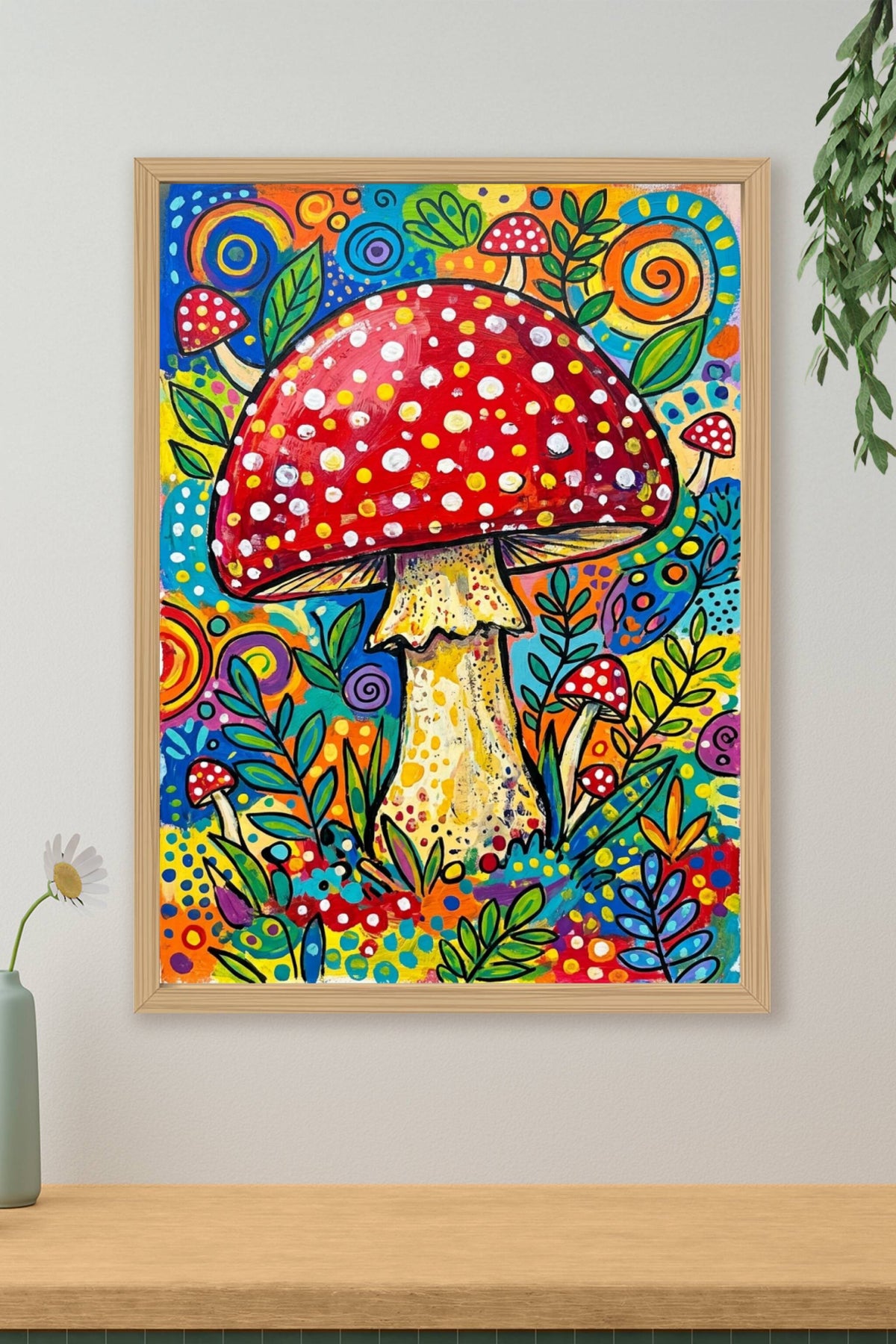 Poster Champignon coloré, motifs pois et spirales