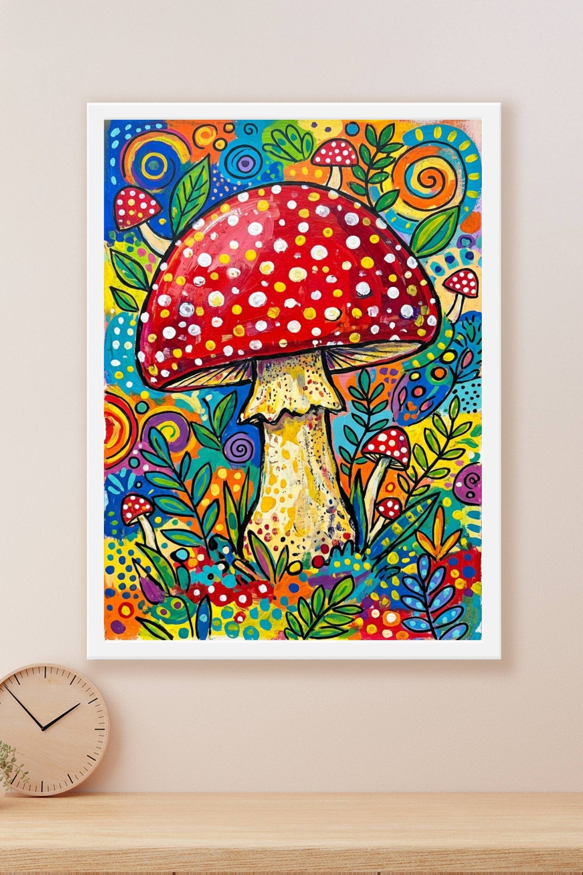 Poster Champignon coloré, motifs pois et spirales