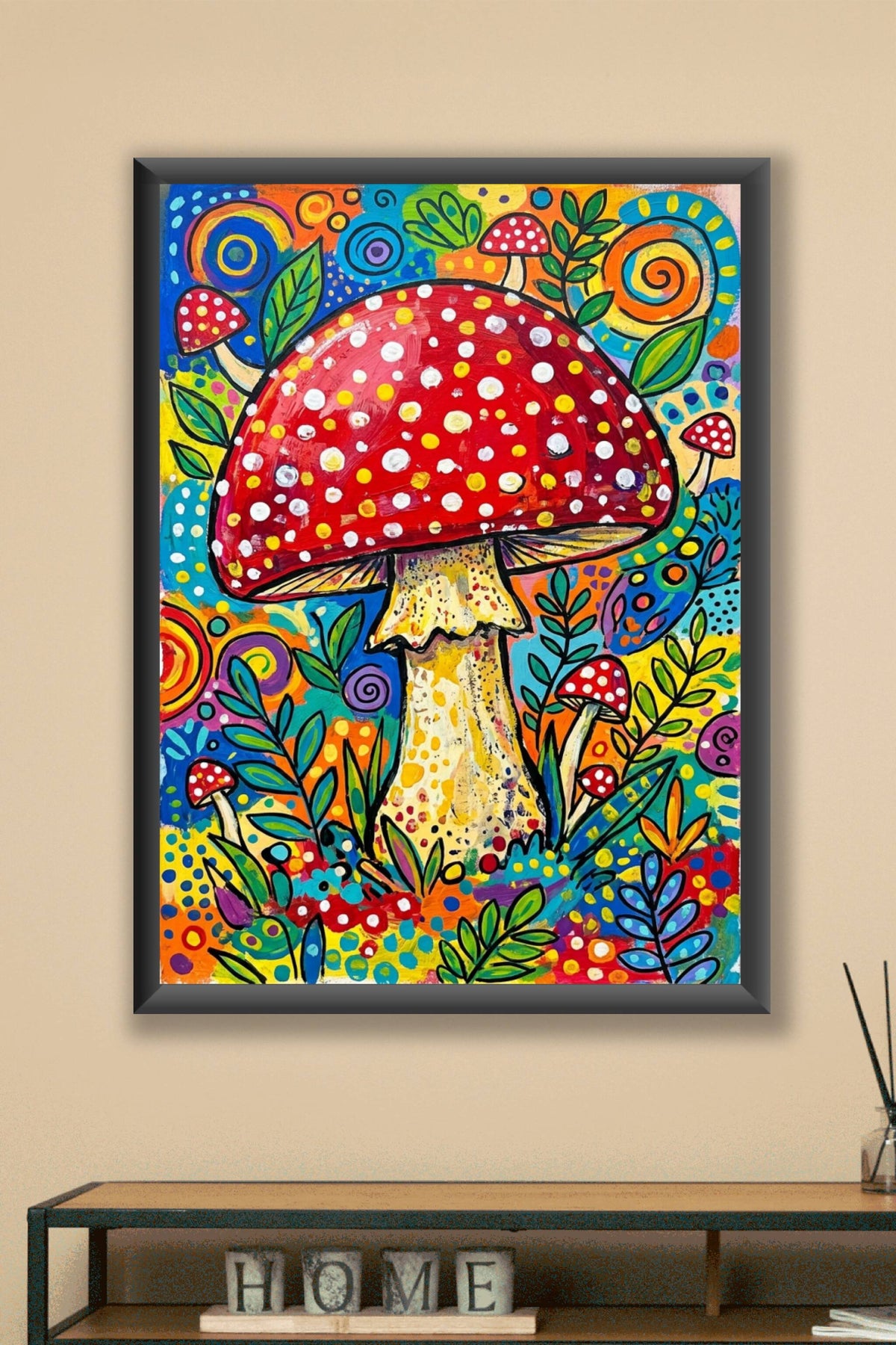 Poster Champignon coloré, motifs pois et spirales