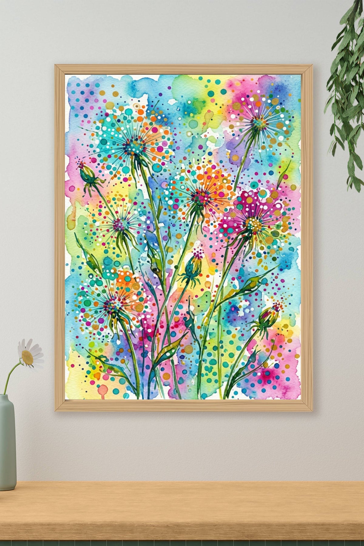Affiche pissenlits colorés, poster fleurs multicolores