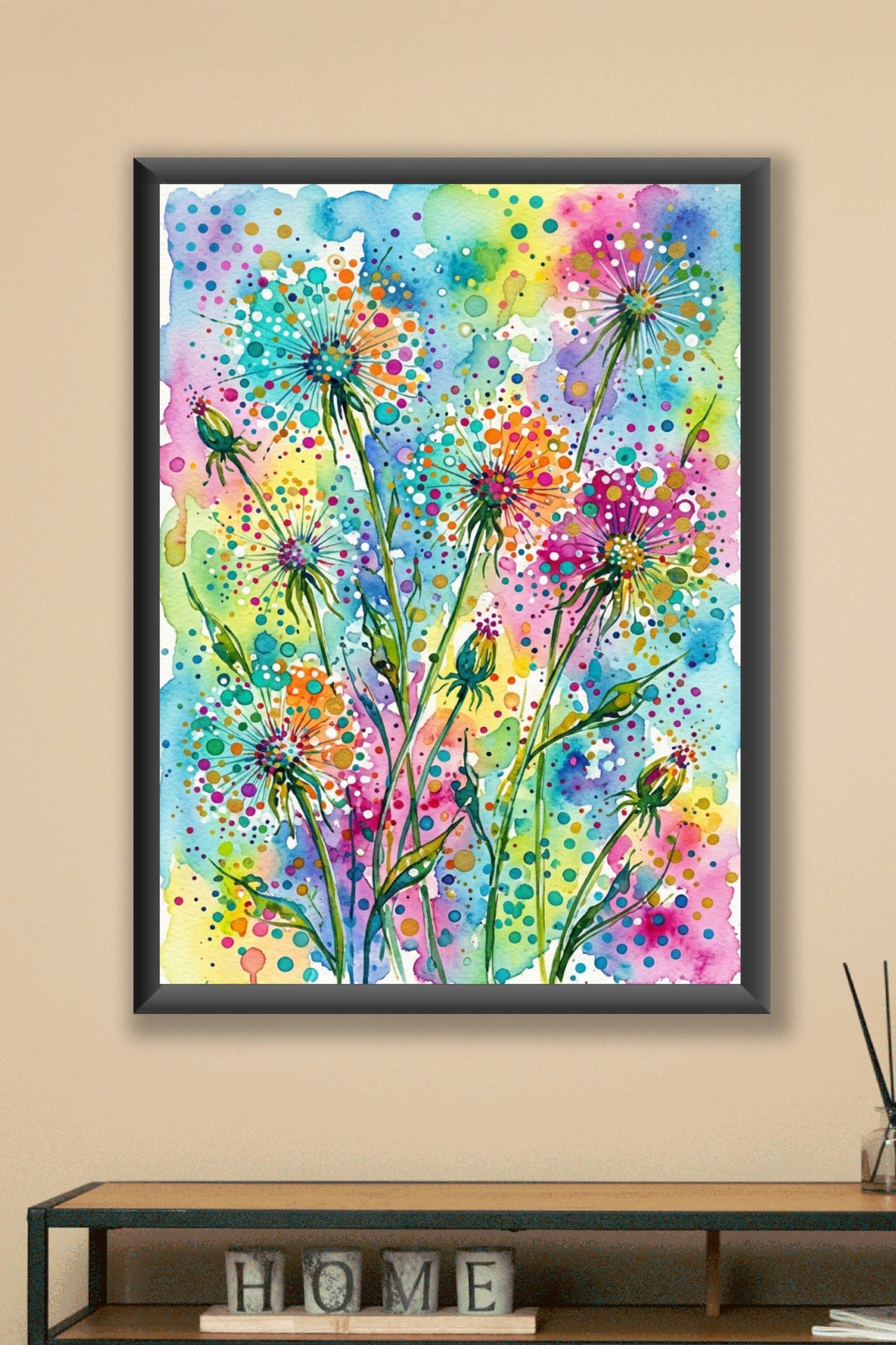 Affiche pissenlits colorés, poster fleurs multicolores