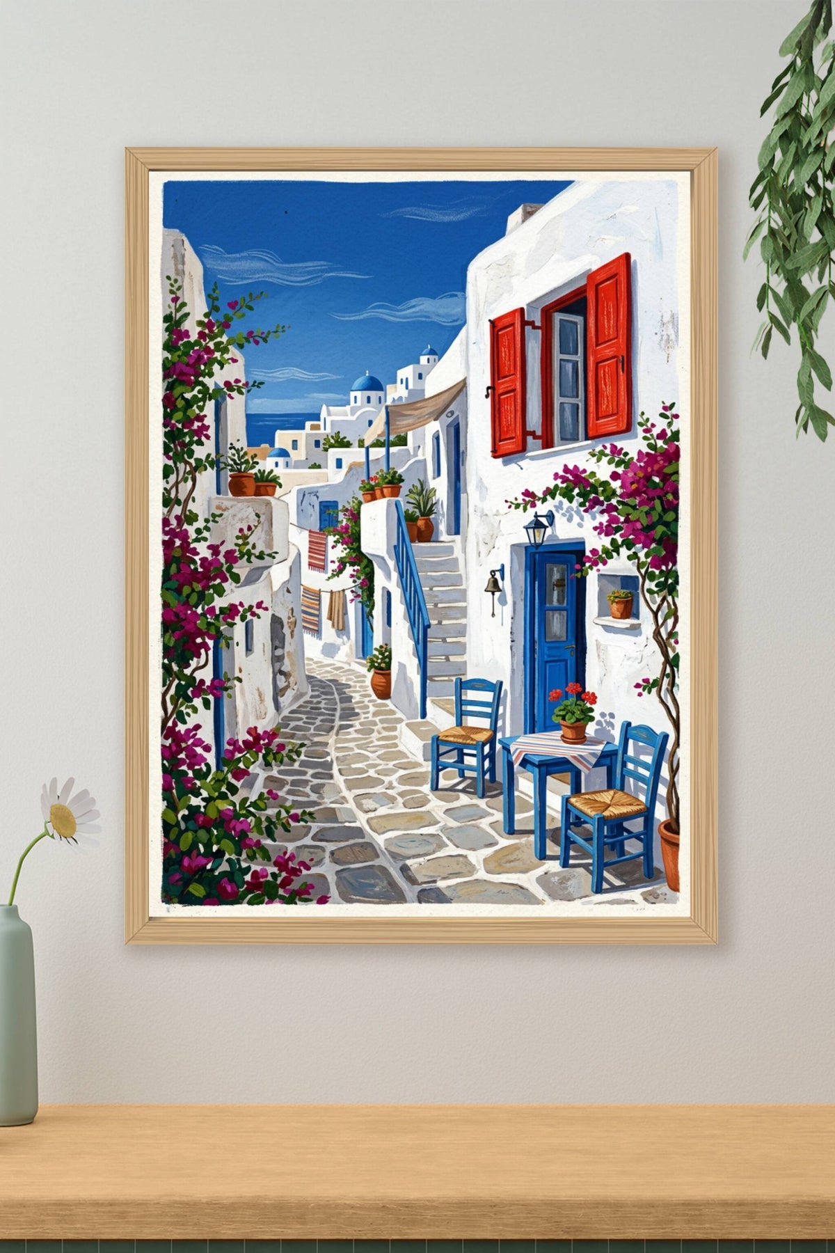 Affiche de Santorin, poster village aux bougainvilliers