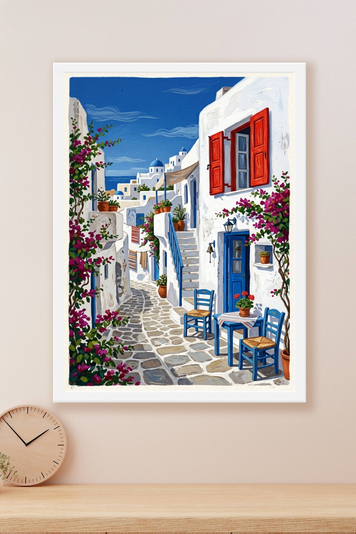 Affiche de Santorin, poster village aux bougainvilliers