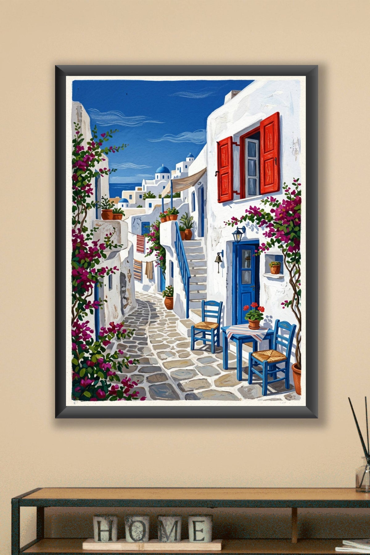 Affiche de Santorin, poster village aux bougainvilliers