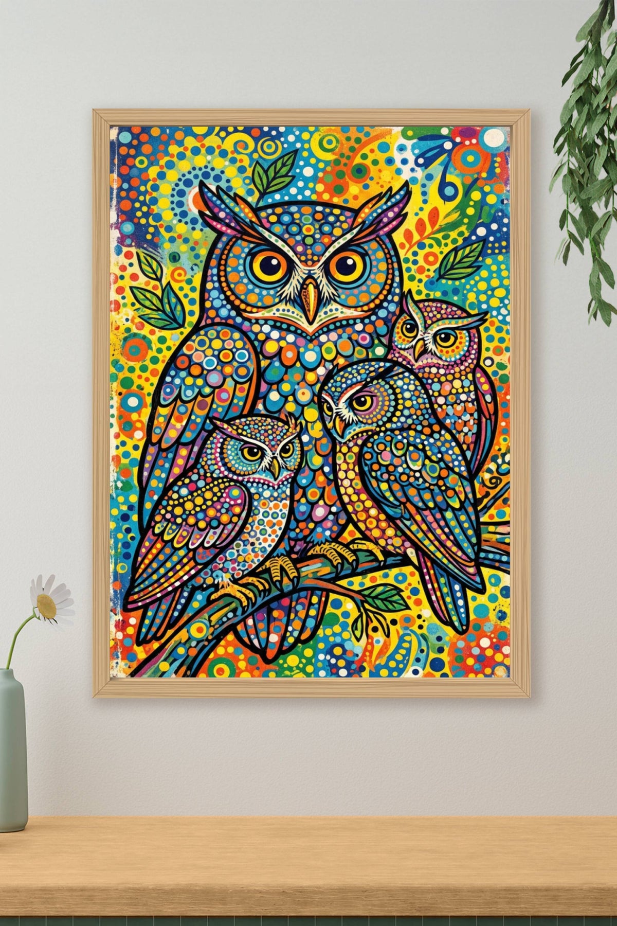 Poster Hiboux colorés, affiche style mosaïque