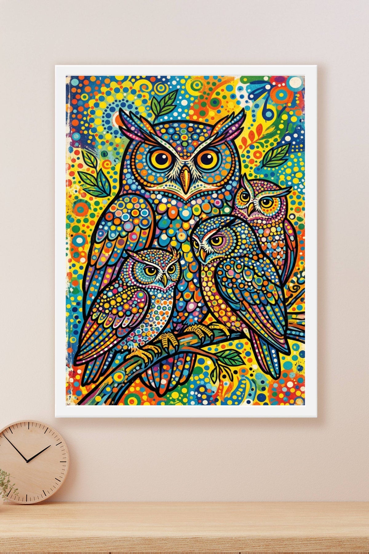 Poster Hiboux colorés, affiche style mosaïque