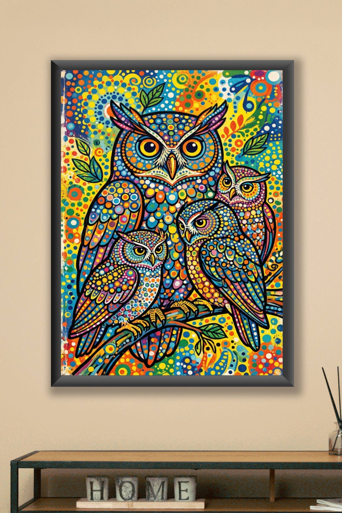 Poster Hiboux colorés, affiche style mosaïque
