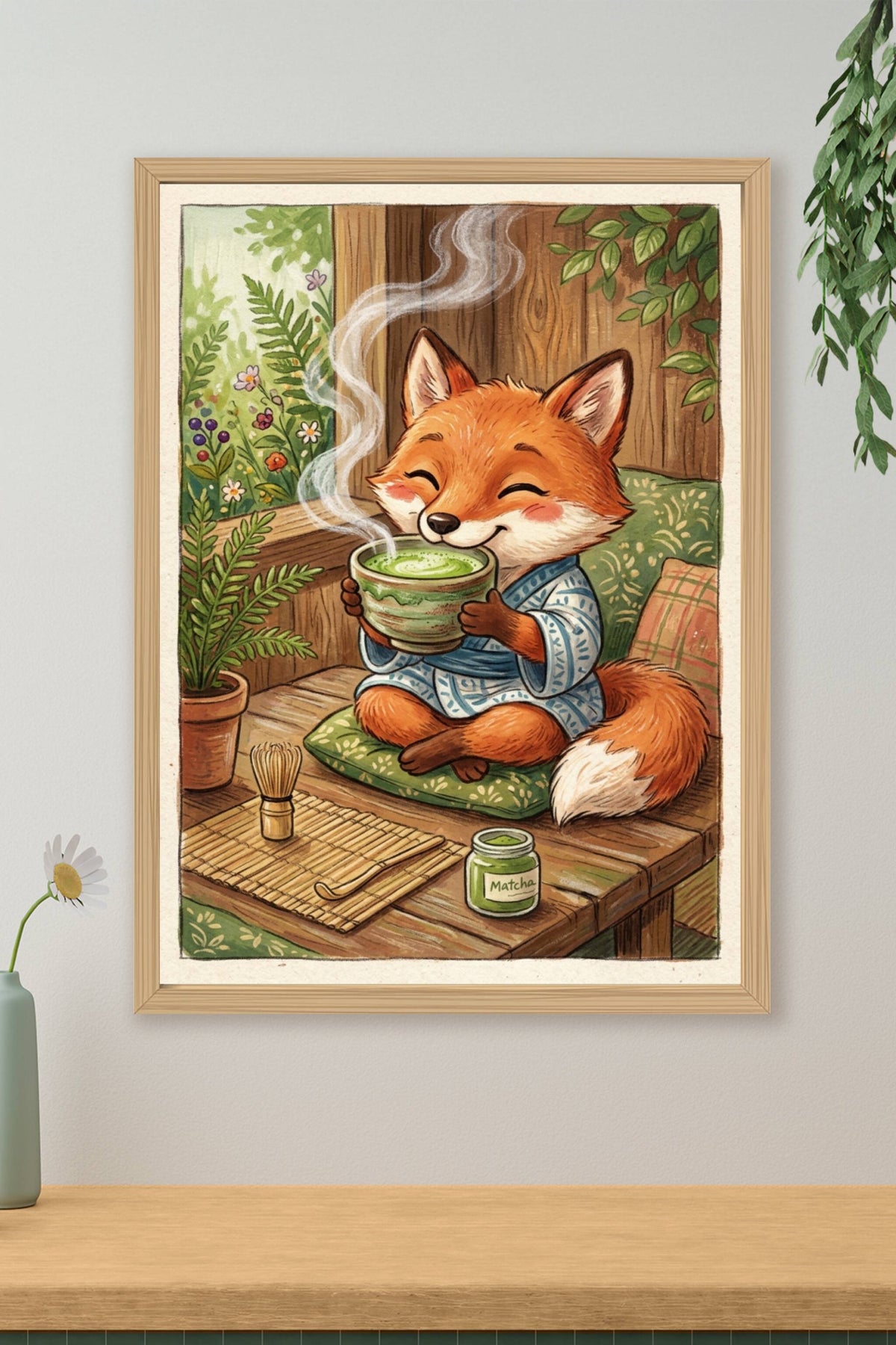 Affiche Renard au matcha, poster illustration déco zen