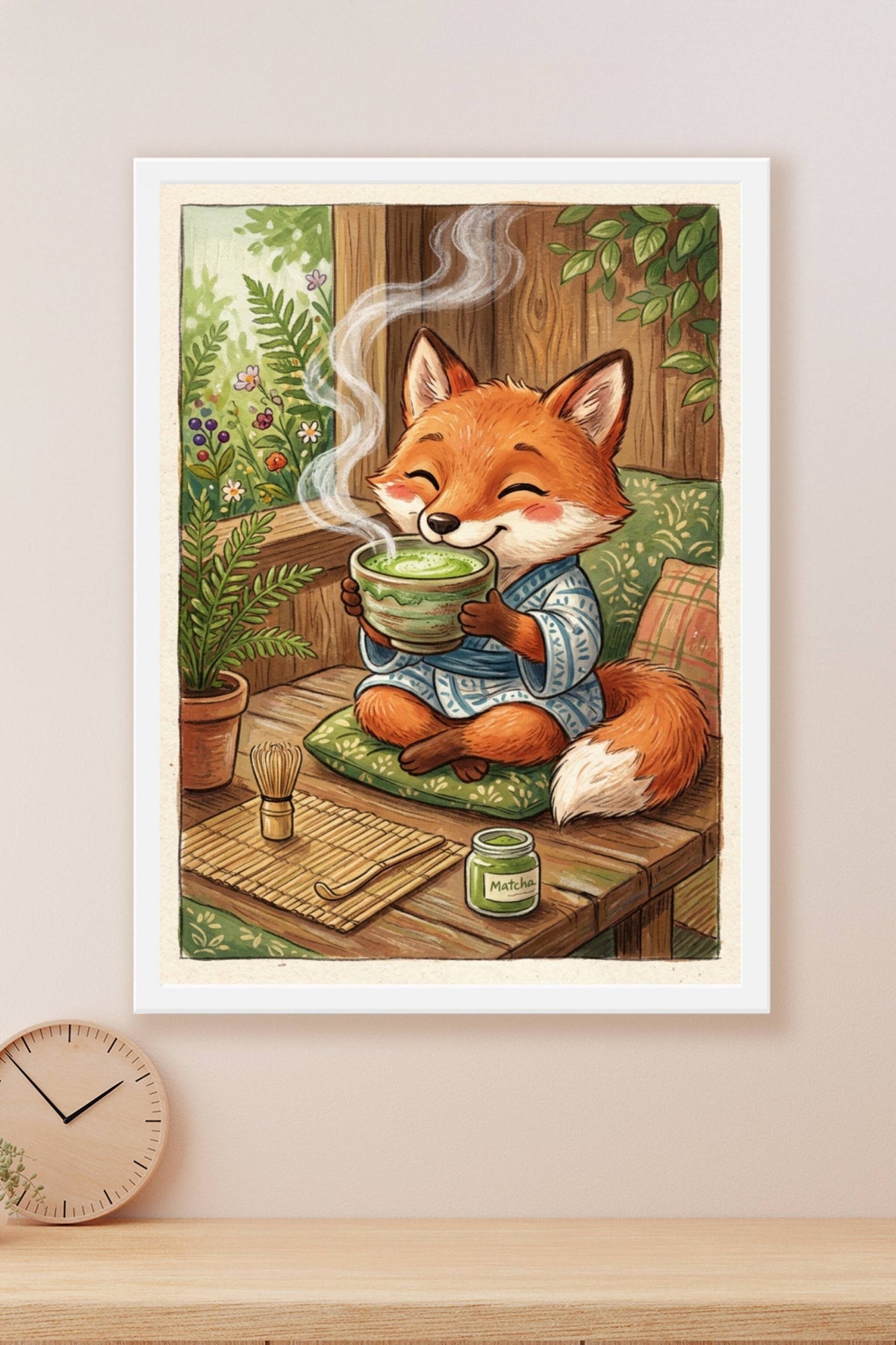Affiche Renard au matcha, poster illustration déco zen