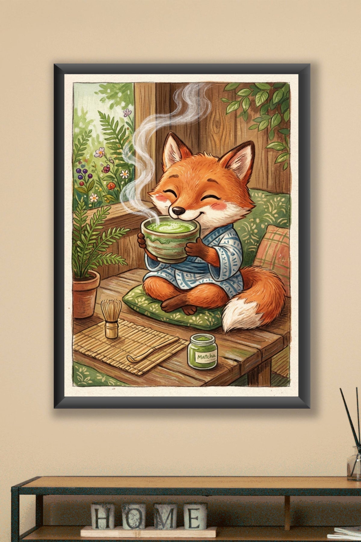 Affiche Renard au matcha, poster illustration déco zen