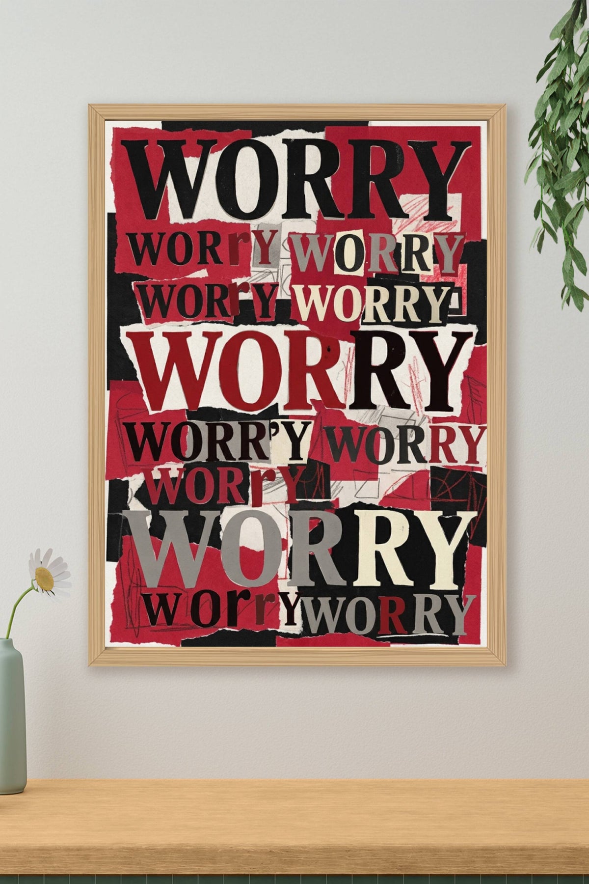 Affiche Worry, poster typographique moderne rouge et noir