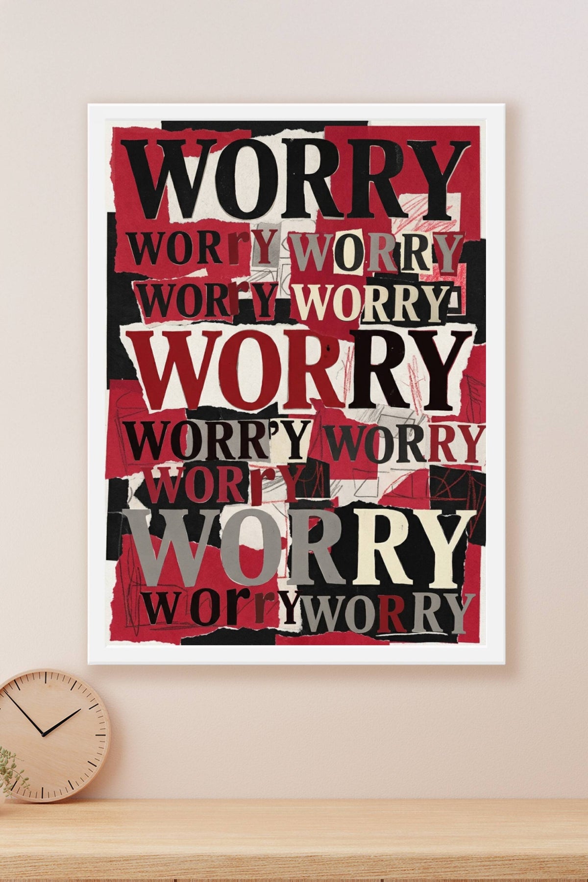 Affiche Worry, poster typographique moderne rouge et noir
