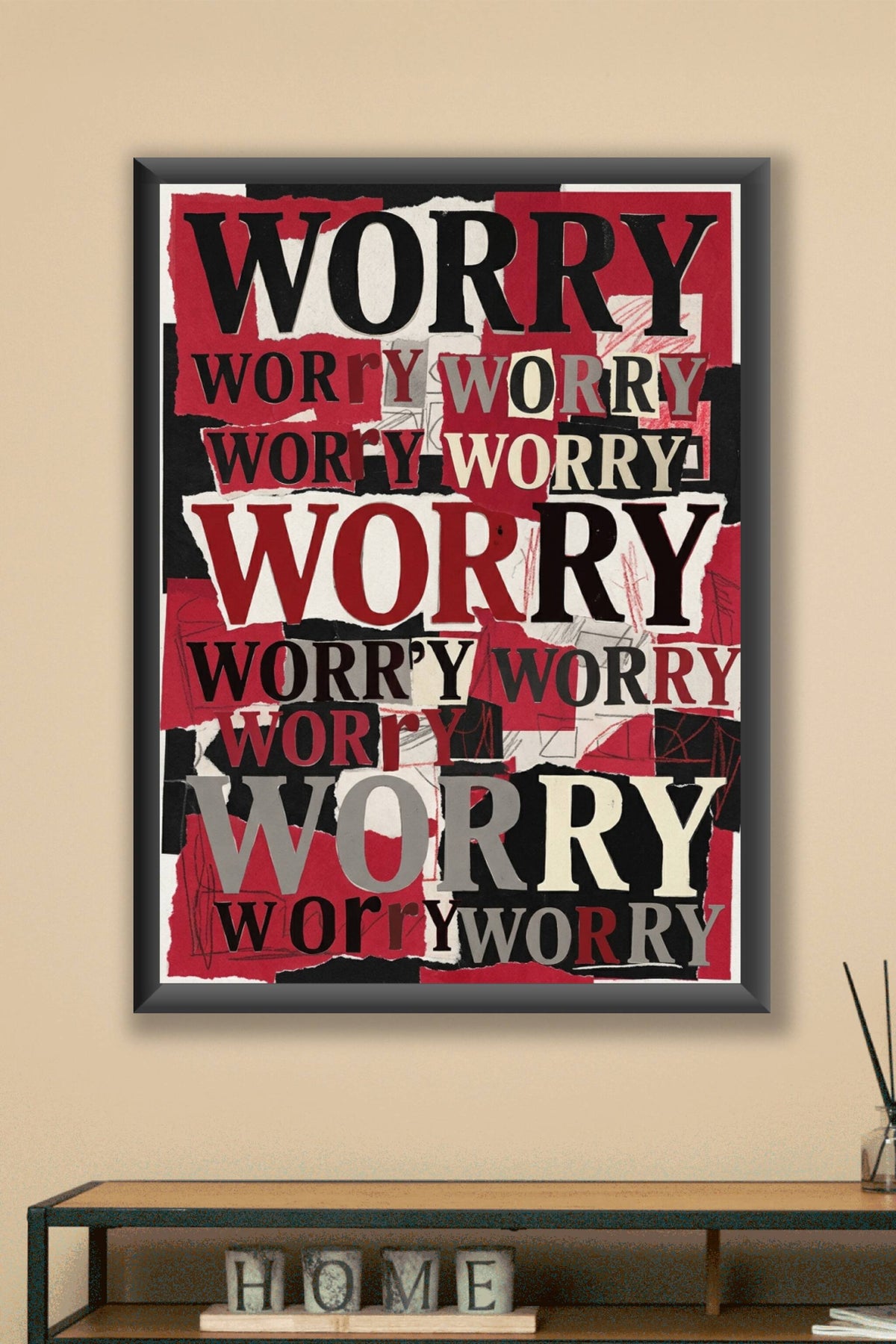 Affiche Worry, poster typographique moderne rouge et noir