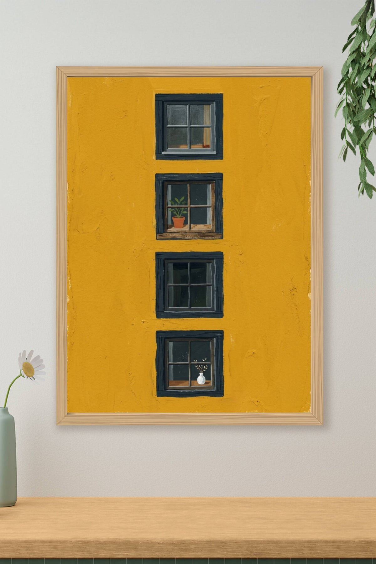 Poster Façade jaune, fenêtres et plantes en pot
