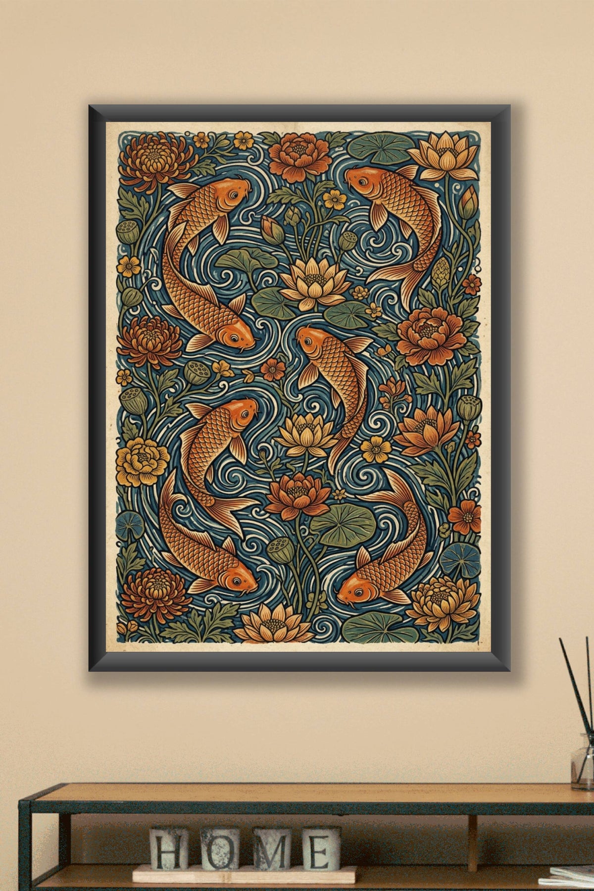 Affiche Carpes Koï japonaises, poster fleurs de lotus