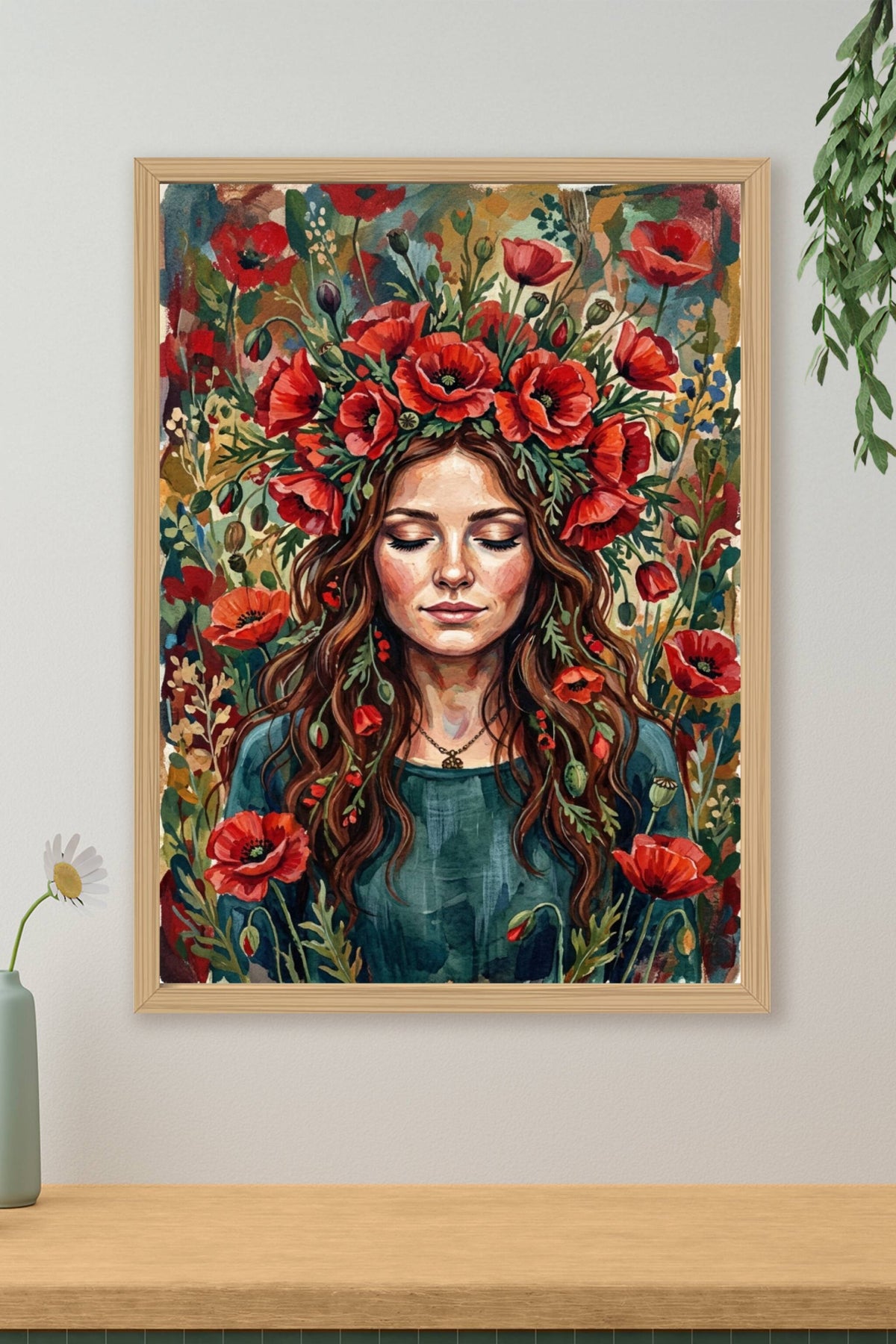 Poster Femme aux coquelicots, couronne de fleurs